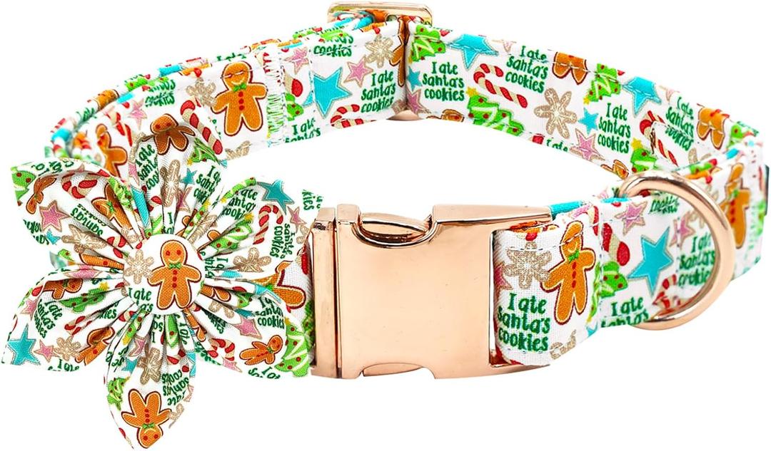 Dog Collar Christmas Winter Gingerbread Man Print Pet Collar Soft Cute Dog Collars with Flower Adjustable Metal Buckle Collar Gift for X-Small Dogs