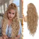 BARSDAR Long Blonde Ponytail Extension - 26 Inch Curly Wavy Drawstring Ponytail Hair Extensions for Women - Synthetic Clip in Pony Tails Hairpieces Daily Party- Strawberry Blonde Mixed