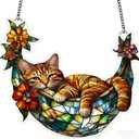 Cats Acrylic Suncatcher Ornament for Window Decor, Cat Lovers Gifts, 2D Wall Art Decor with Chain, Hammock Orange Tabby Cat, 7.87 in