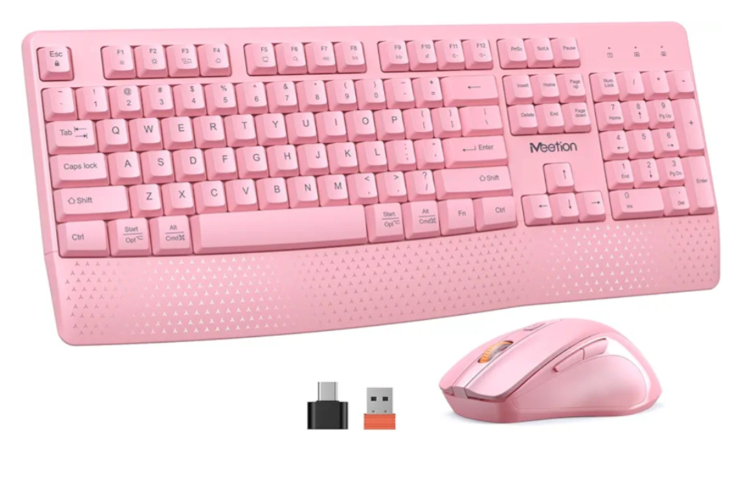 MEETION Wireless Keyboard and Mouse, Full-Sized Cordless Keyboard with Wrist Rest, 3 DPI Adjustable Mouse, Keyboard and Mouse Set with 2.4GHz USB Receiver, for PC/Computer/Laptop/Windows/Mac, Pink