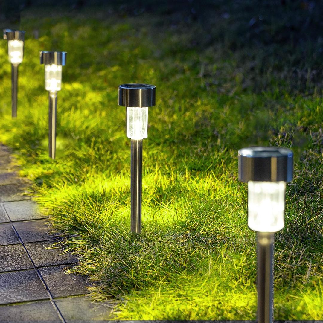 GIGALUMI Solar Pathway Lights, Stainless Steel IP44 Waterproof Auto On/Off Outdoor LED Solar Landscape Lights for Garden, Yard, Patio, Path and Walkway(12 Pack, Cold White)