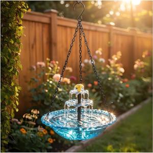 2026 Solar Cascade Hanging Bird Bath Fountain Solar Powered Birdbath Water Fountain Pumps Dispenser Outdoors Decor Hummingbird Bath Shower Bowl Kit Garden Gift Yard Patio Backyard Decoration (Blue)