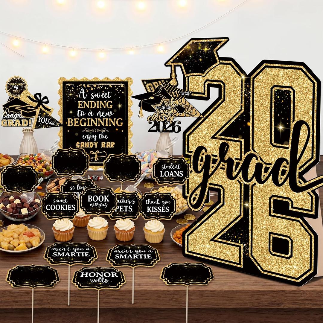 2026 Graduation Candy Buffet Decorations, Black Gold Graduation Candy Bar Signs and Food Labels Set with 2026 Cardstock Standee for Grad Party Dessert Table