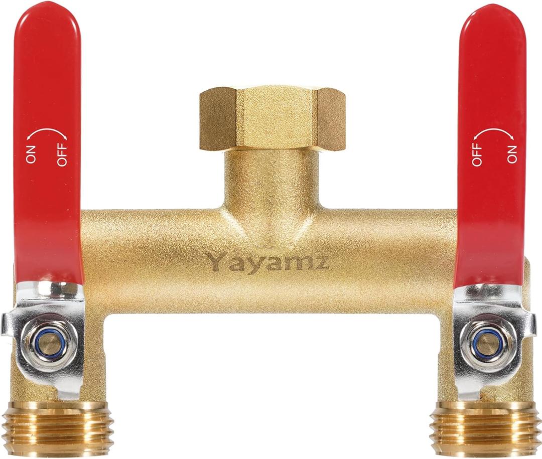 Garden Hose Splitter, 3/4 Rust and Freeze Resistant Outdoor Hose Manifold with 2 green Extra Long Handles Faucet Adapter-Heavy Duty Brass 2-Way Valve