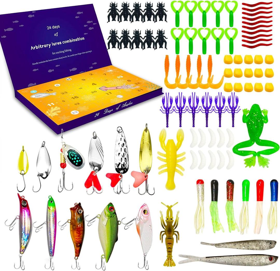 Fishing Bait Kit, 88 Pcs Fishing Tackle Set with Soft Hard Fishing Lures for Freshwater and Saltwater, 24 Days Surprise Fishing Gifts for Teen Boys Man Father Boyfriend Brother