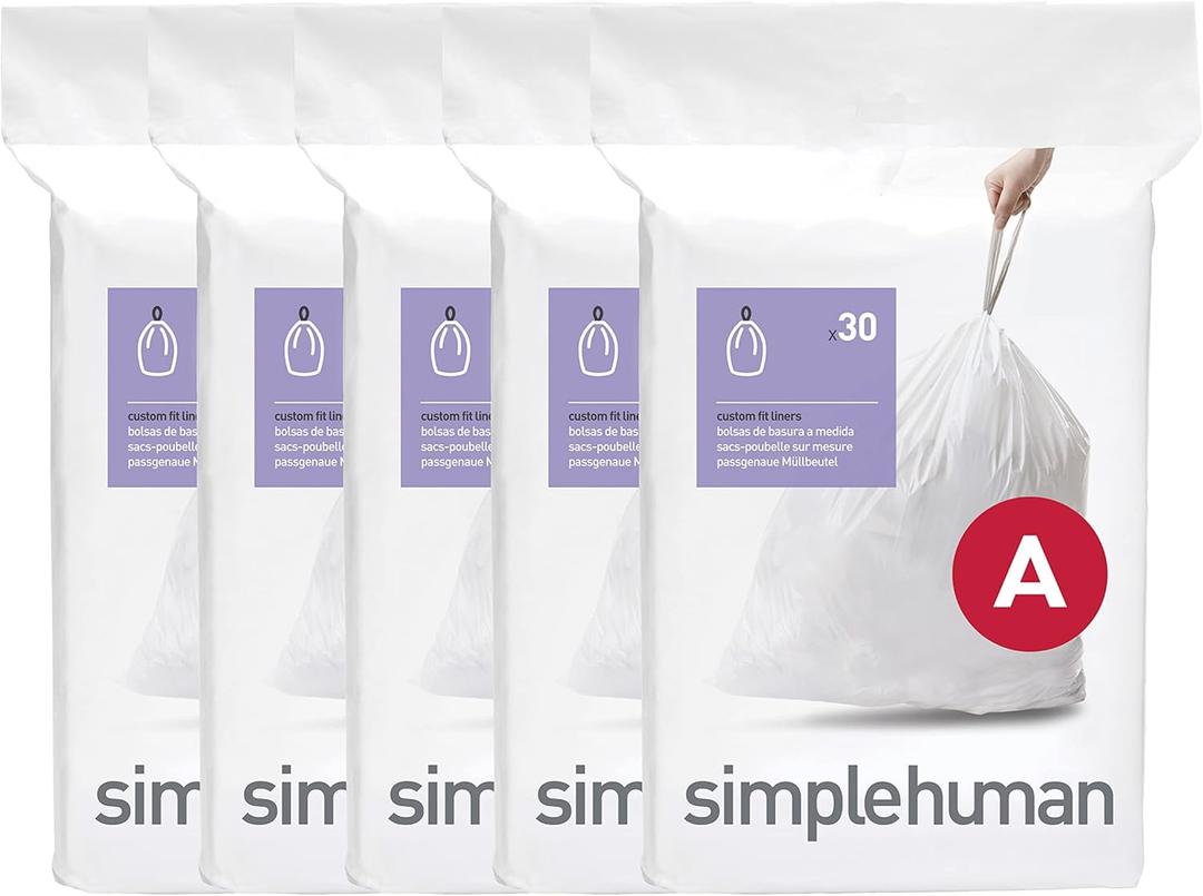 simplehuman Code A 150 Count, Genuine Custom Fit Liners, Drawstring Trash Bags in Dispenser Packs, 4.5 Liter / 1.2 Gallon, White