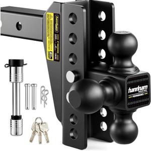 Drop Hitch Adjustable Trailer Hitch, Tow Hitch with 6-Inch Drop/Rise for Truck (12,500 LBS GTW), Adjustable Drop Hitch Fits 2-Inch Receiver, Trailer Hitches with Double Anti-Theft Pins Locks