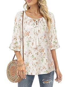 Furnex Dressy Blouses for Women: Elegant Casual - Summer Tops for Women 2025 - Dress Shirts for Women Ladies Tops Women's Ruffle Sleeve Boho Shirts V Neck Floral Pleated Casual Tunic Multi-Orange, Size XL