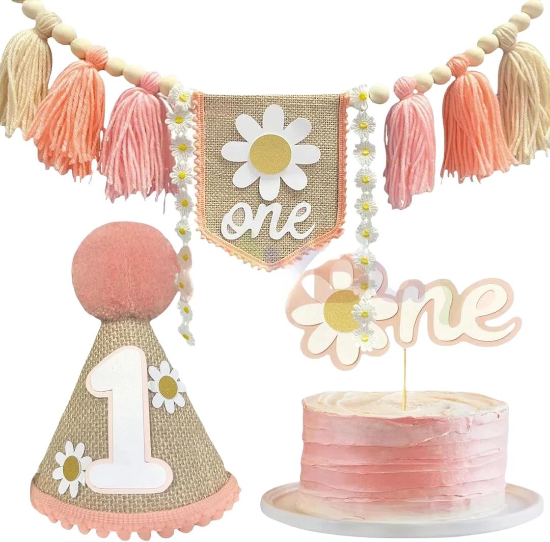 Baby's Birthday Banner, Birthday Venue Decoration Props, Cowboy Daisy, Wood Beads, Tassels, Birthday Flags