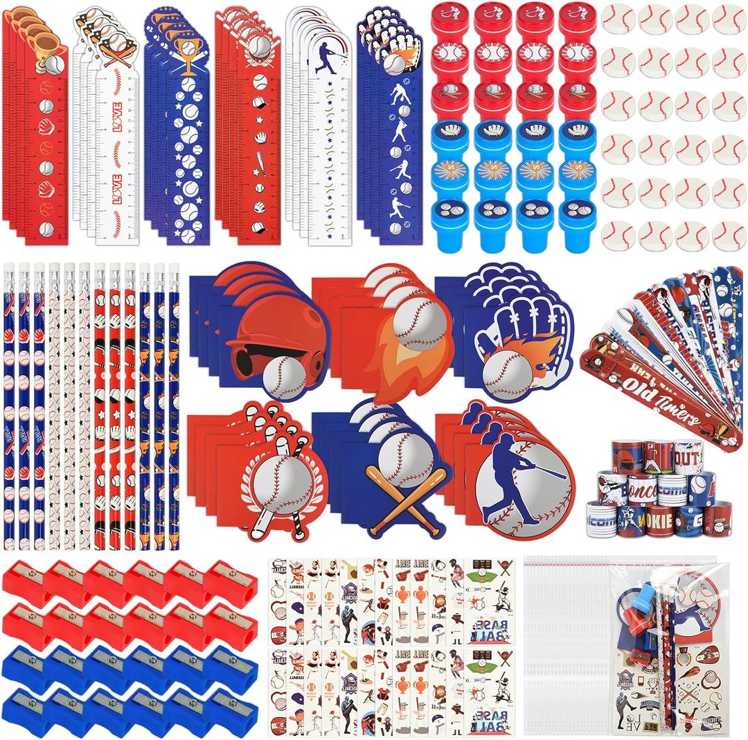 216Pcs Baseball Theme Stationery Birthday Gift Back to School Supplies Team Gifts Goodie Bags Stuffer Pencils Rulers Classroom games Rewards School Office Supplies (Baseball)