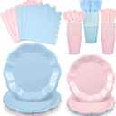 175 Pcs Baby Gender Reveal Plates and Napkins Set, 25 Guest Boy or Girl Gender Reveal Party Supplies Include Light Pink and Light Blue Plates Napkin Cup Plastic Spoon Fork Knive for Baby Shower