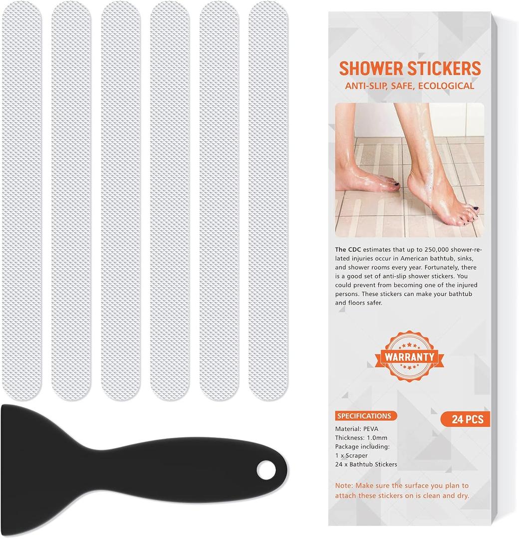 Non Slip Bathtub Stickers, 24 PCS Shower Stickers for Safety Bathroom Tubs, Bathtub Non Slip Stickers and Adhesive Decals Scraper for Bath Tub, Shower Floor, Stairs, Ladders(Clear)