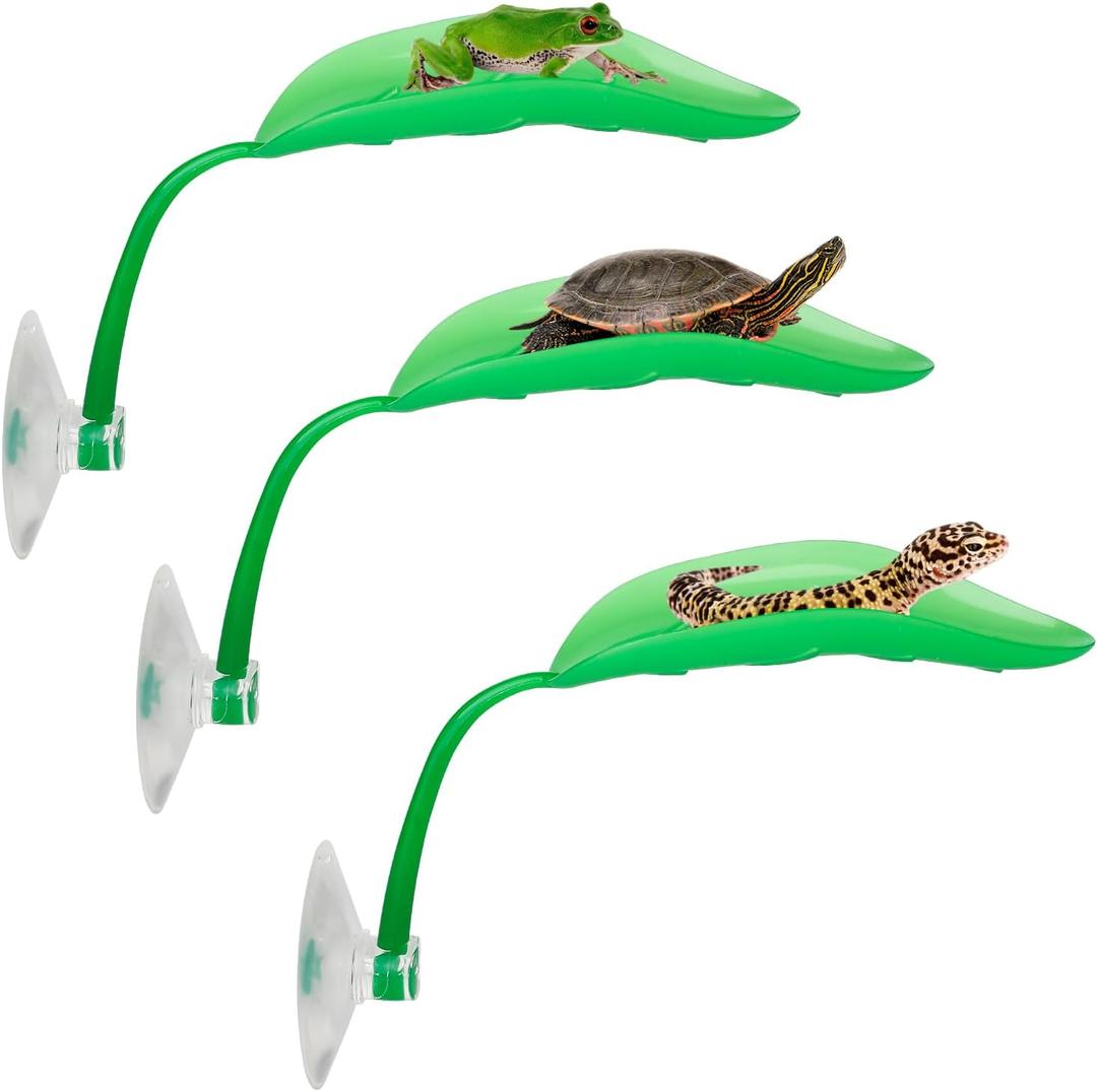2 x Tree Frog Tank Accessories & Turtle Basking Platform 3PCS Set Leaf Decor - Reptile Habitat Decoration, Terrarium Accessories with Suction Cups for Turtles, Frogs, Geckos & Toads (Rounded Leaf)