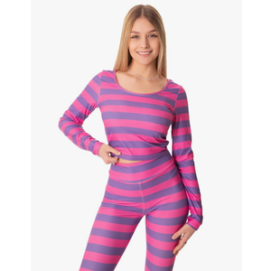 Womens Pink and Purple Striped Cat Costume - Crop Top Shirt and Leggings Animal Halloween Cosplay 2024, S