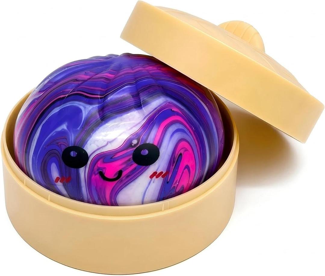 Mystery Purple Marble Design Dumpling Squishies with Steamer Box, Soft Stretchy Bao Bun Stress Relief Balls, Sensory Fidget Squeeze Toys for Anxiety Relief, Decompression Desk Toys