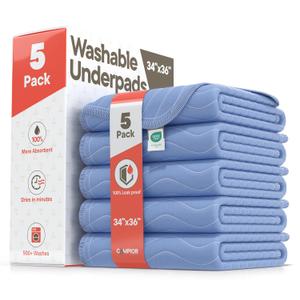 Washable Underpads Large 34"x36" (Pack of 5) Reusable Waterproof Bed Pads for Adults & Seniors, Extra Heavy Absorbency Incontinence & Bedwetting Pads, Soft, Blue.