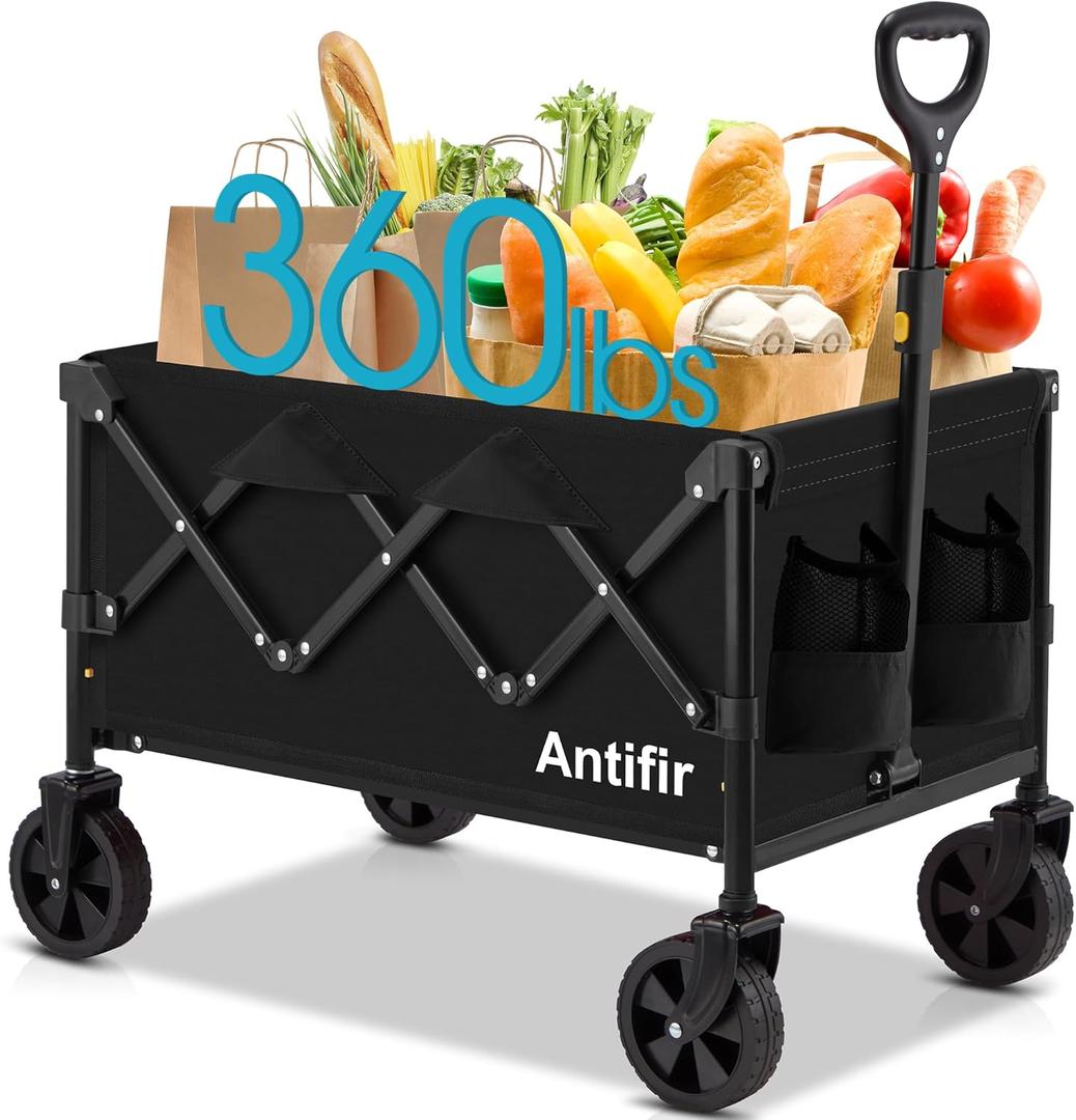 Collapsible Foldable Wagon with Wheels 360 LBS,Heavy Duty Folding Utility Cart for Groceries,Shopping,Garden,Camping,Outdoor,2 Drink Holders,Black