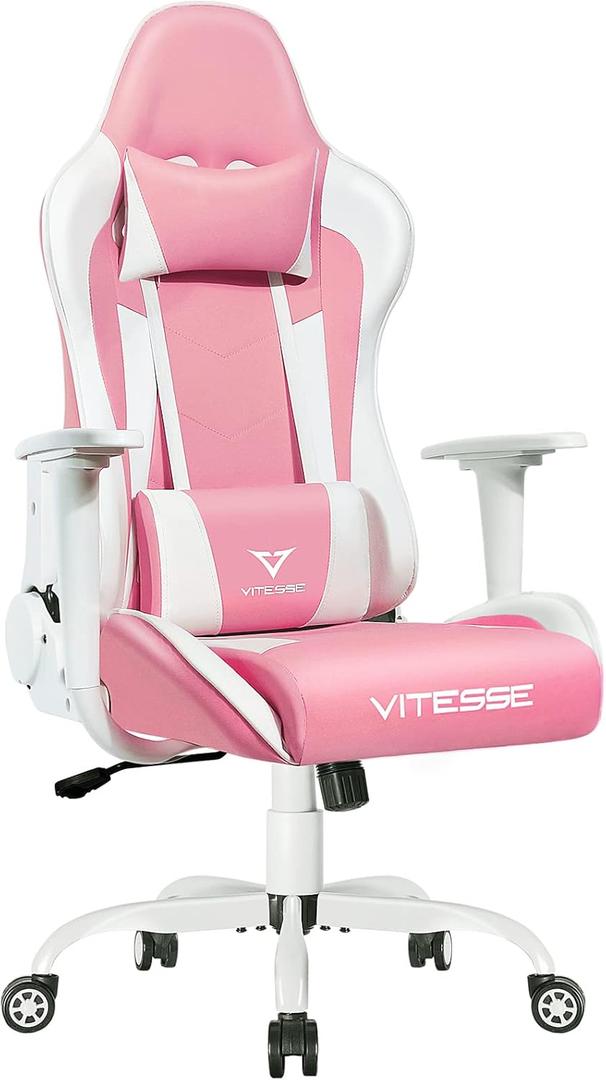 PUKAMI Pink Cute Kawaii Gaming Chair for Girl Ergonomic Desk Racing Office Adjustable High Back Game Swivel Leather Chair with Lumbar Support and Headrest (Pink)