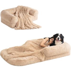 EHEYCIGA Foldable Human Dog Bed, Orthopedic Memory Foam Human Sized Dog Bed, Waterproof Pet Bed for People, Faux Fur Pet Couch for Adult, Camel, 72"x44"x11"