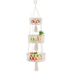 yuuzue 3 Tier Hanging Basket, Macrame Hanging Basket for Fruit and Vegetable Storage, Cotton Rope Woven Baskets for Kitchen, Decorative Boho Decor Hanging Plant Holder