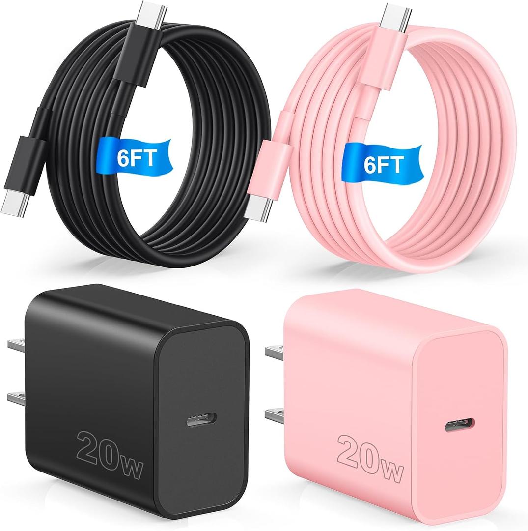 Compatible with iPhone 17 16 Charger Fast Charging,2 Pack USB C Charger Block,Type C Chagers with 6ft USB C Cable Compatible with iPhone 16/15/ Pro Max/Pro/Plus/Pad,Galay S25/S24/Plus/Ultra,Black/Pink