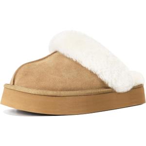 OOW Fuzzy Platform Slippers for Women - Women's Casual Winter House Slippers - Brown, Faux Fur & Shearling Blend - Women's Size (8)