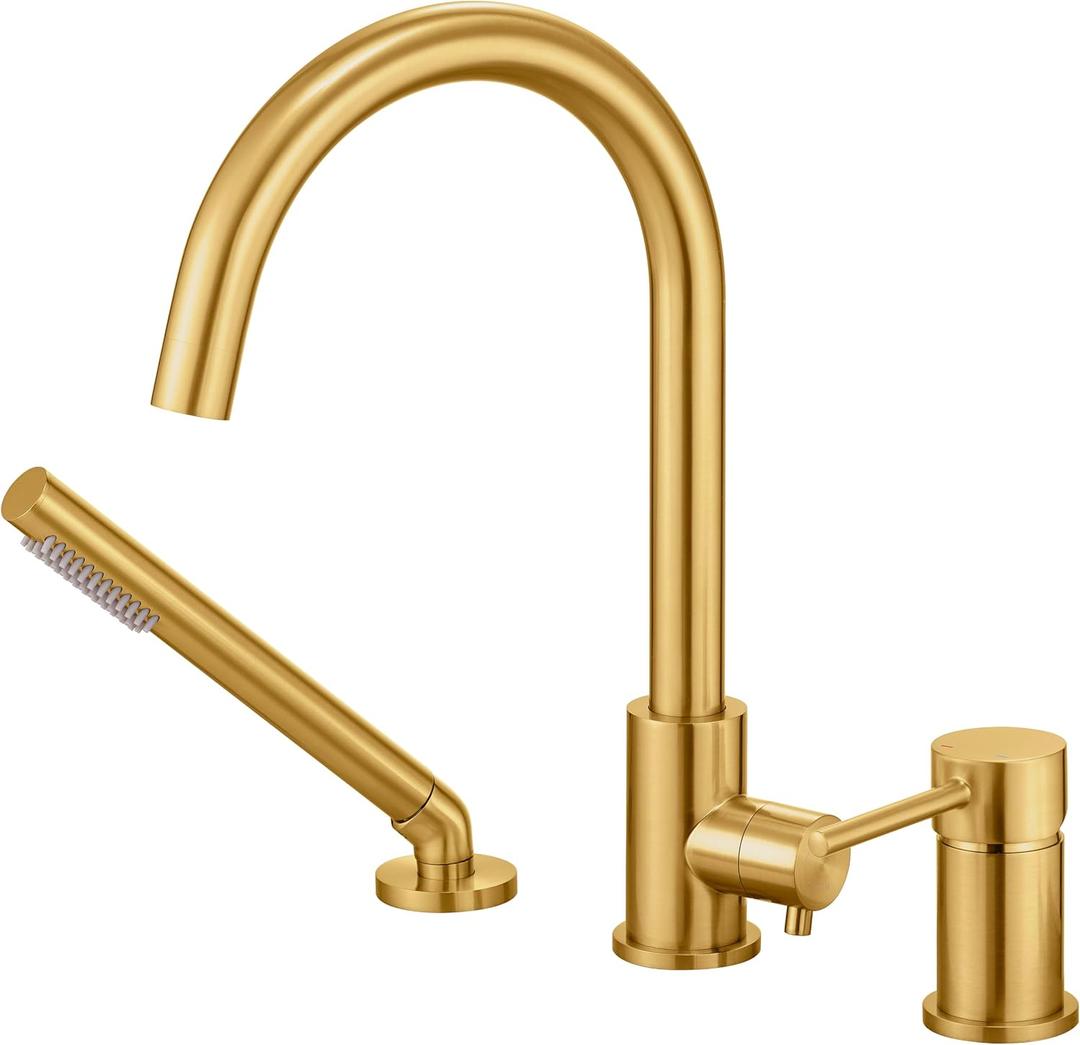 Deck Mount Bathtub Faucet with Sprayer Brushed Gold Tub Filler Faucets Bathroom Brass with Hand Shower Sprayer High Flow Roman High Flow