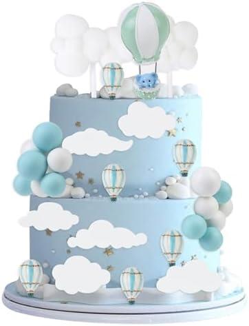 Cheereveal Hot Air Balloon Cake Decorations - Blue Hot Balloon White Rain Cake Cupcake Toppers Ball Dessert Picks, Hot Air Balloon Theme Baby Shower Birthday Party Celebration Photo Props