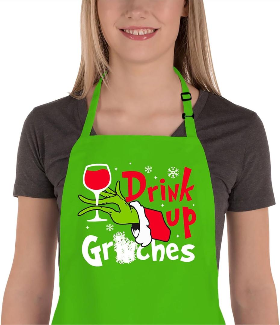 Funny Christmas Baking Apron for Women Men, Holiday Kitchen Cooking Aprons with 2 Pockets, Cute Holiday Baking Gifts for Bakers Mom Wife Husband Girlfriend, White Elephant Gifts Stocking Stuffers (Drink Up)