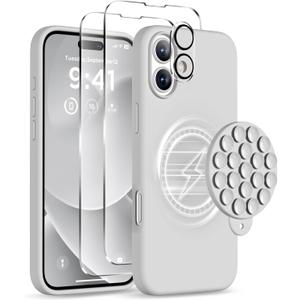 Magnetic for iPhone 16 Plus Case, Compatible with Magsafe, Suction Cup Phone Mount - 2 Screen Protectors - Camera Lens Protector, Silicone Shockproof Protective Phone Cover 6.7", Light Gray