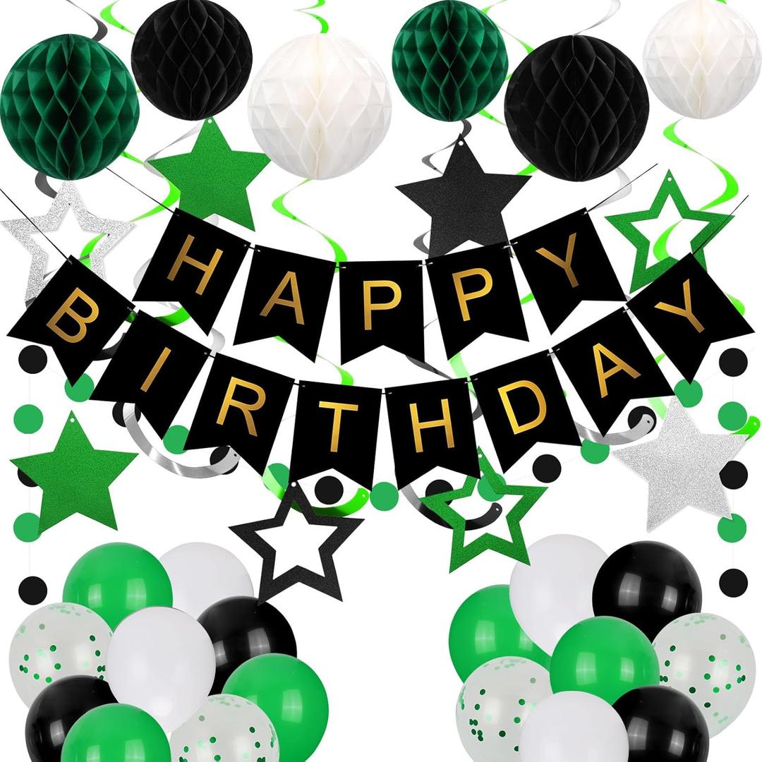 Birthday Decorations, Happy Birthday Banner with Birthday Balloons, Honeycomb Balls, Hanging Swirls, Circle Dots Garland, Happy Birthday Party Decorations for Women Men Boys Girls (Green&Black)