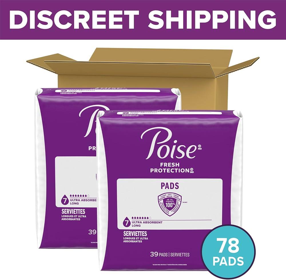 Poise Incontinence Pads & Postpartum Incontinence Pads, 7 Drop Ultra Absorbency, Long Length, 78 Count