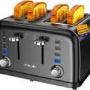 Black Toaster 4 Slice, Dual Independent Controls, Extra Wide Slot Toasters for Bagel, Bread, Waffles, 7 Shade Settings, 4 Main Functions, Removable Crumb Tray, 1500 Watts, Black Stainless Steel