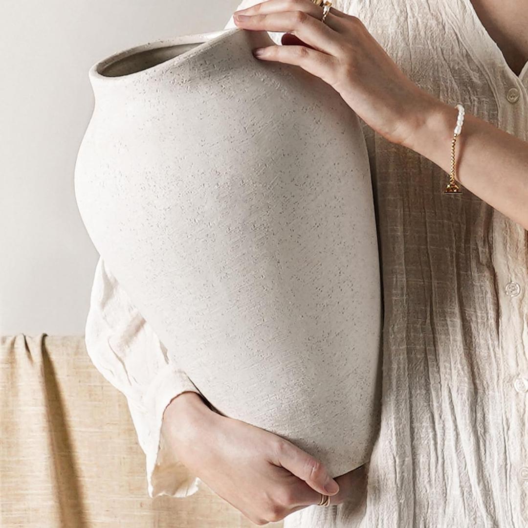 White Ceramic Vase - Large 13.6 Inch Tall Floor Vase for Centerpieces, Farmhouse Flower Vases, Rustic Minimalist Home Decor for Living Room, Enterway, Wedding (Sandstone White)