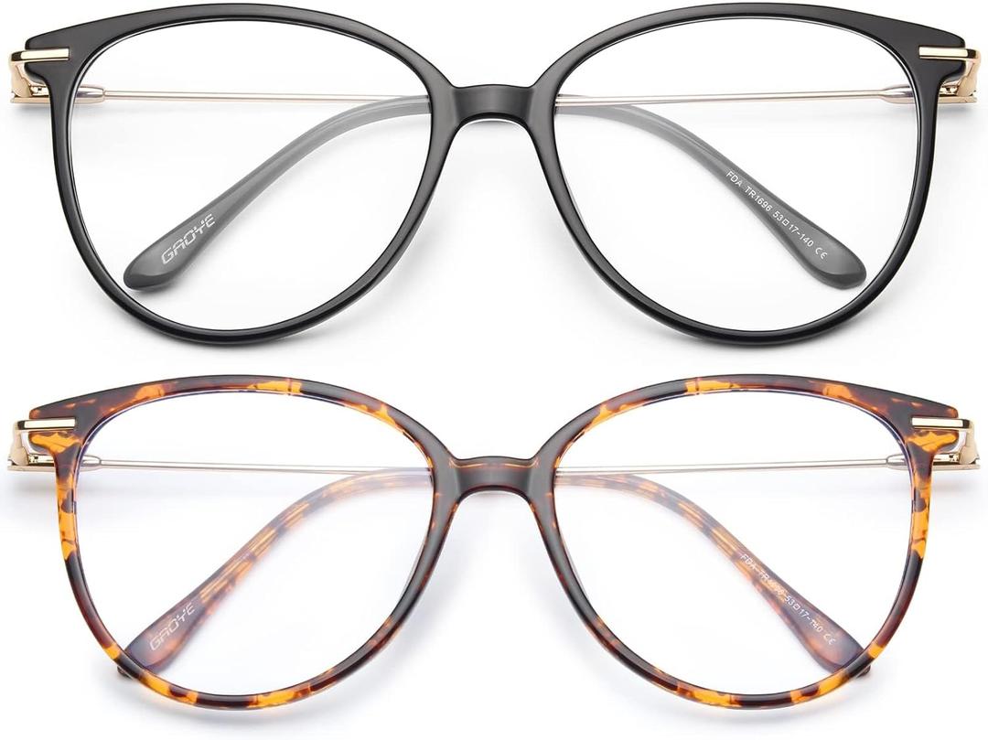 Gaoye Blue Light Blocking Glasses - Trending Round TR90 Frames, Metal Arms, UV400 Protection - Matching Soft Case (2-Black+Tea Leopard)