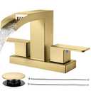 Cobbe Waterfall Bathroom Faucets 3 Hole, Brushed Gold Bathroom Sink Faucet Square 4 Inch Centerset with Pop-Up Drain, 2 Handle and 2 Supply Hoses, Lead-Free Stainless Steel for Vanity Sink Rv