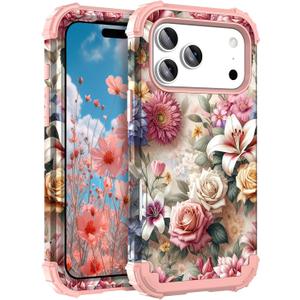 Hocase Heavy Duty Case for iPhone 17 Pro 6.3"", Rose Flowers | Shockproof Protection Soft Silicone Rubber+Hard Plastic Bumpers Hybrid Protective Case for Women & Girls
