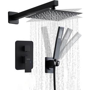 8 Inch Matte Black Shower Faucet Set with Rain Shower Head and Handheld Spray, Wall Mounted Rainfall Shower Head with Handheld Combo, Bathroom luxury Shower System with Valve and Trim