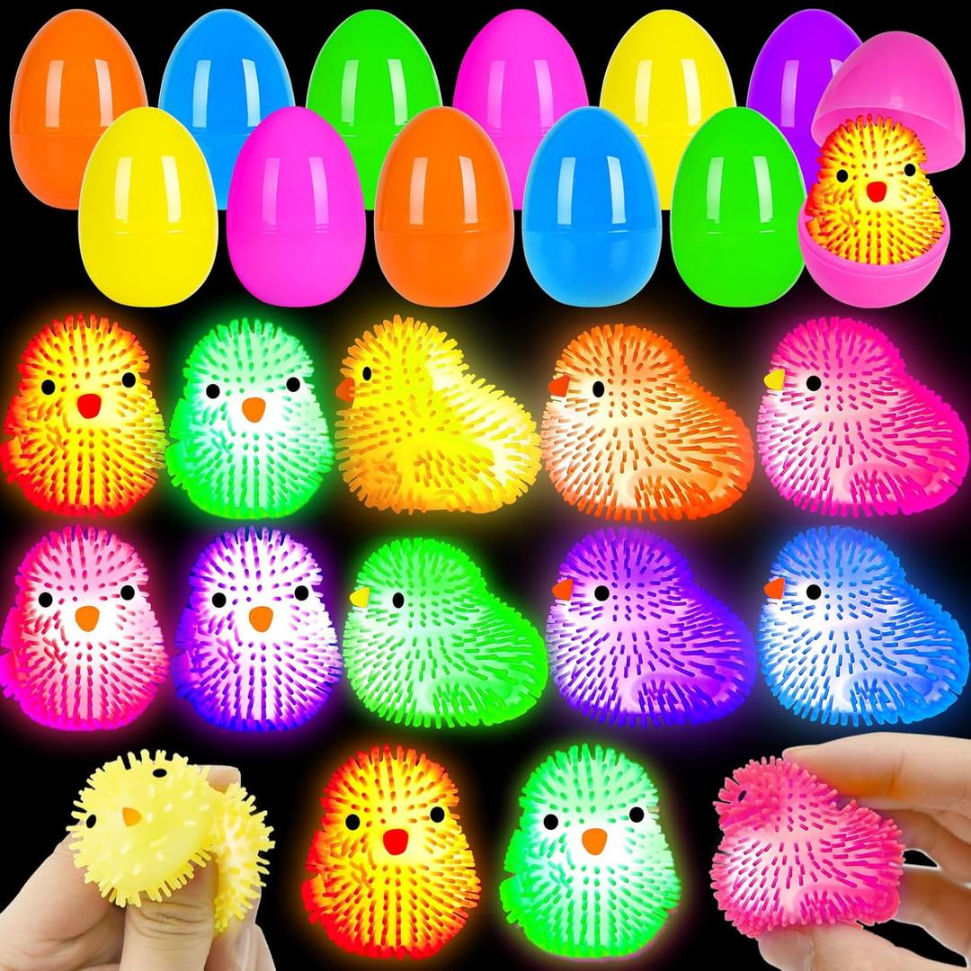 12 Pcs Easter LED Light-Up Puffer Chick Toys with Colorful Eggs | Reusable Sensory Fidget Stress Relief Toys for Kids Adults | Easter Basket Stuffers Fillers, Party Favors, Classroom Prizes