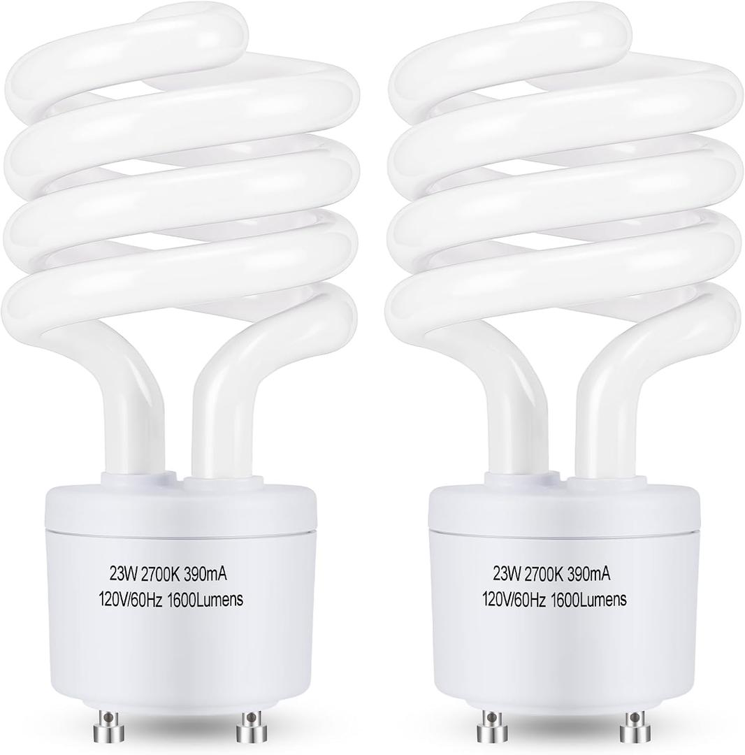 Winkcao CFL Light Bulbs GU24 Base, T3 Spiral 23Watt (100Watt Equ) Soft White 2700K 1600lm Compact Fluorescent Light Bulbs, UL Approved, 120v 60Hz, Self Ballasted CFL Bulbs, Pack of 2