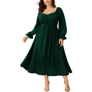 SCOMCHIC Women's Plus Size Wedding Guest Cocktail Dresses Fall Sweetheart Neckline Long Sleeve A Line Formal Maxi Dress (Green, XXXL)