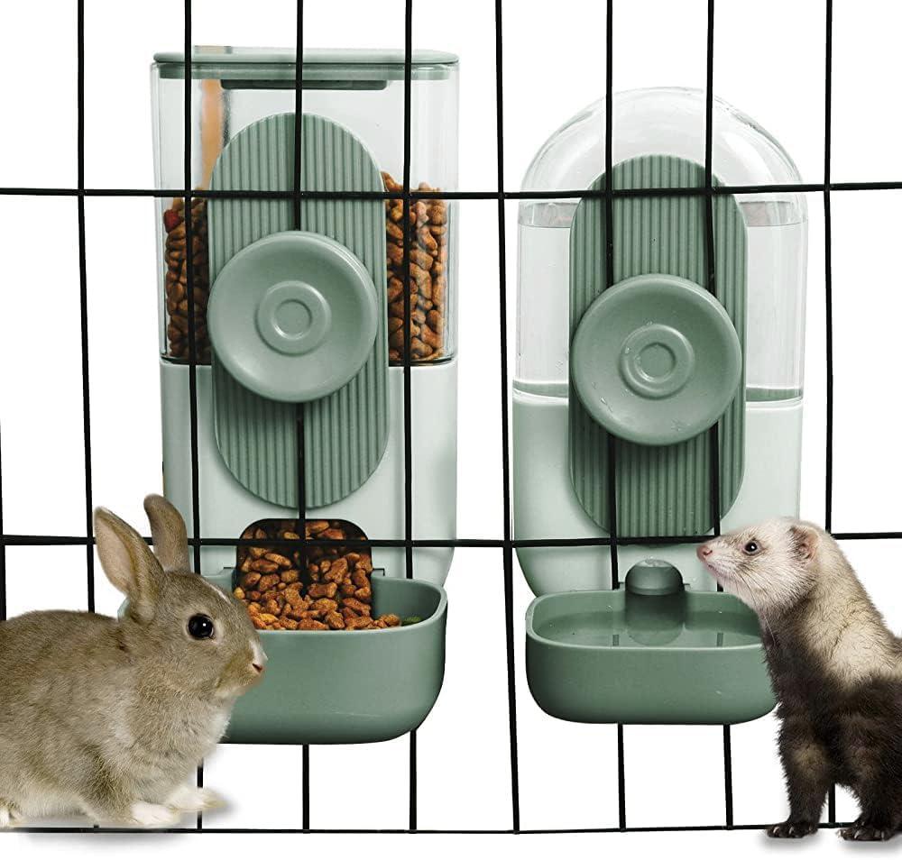 Lemtrflo Hanging Automatic Food and Water Dispenser, Gravity Rabbit Feeder Set, Cage Cat and Bunny Food Bowl (Cage Grid Spacing Over 1.2'') (Green)
