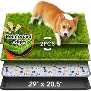 Hompet Dog Grass Pad with Tray Large, 29"x20.5", 2 Reusable Artificial Turf for Dogs Potty, Waterproof Non-Slip Washable Pee Pads, Quickly Absorbency Portable Dog Litter Box for Indoor/Outdoor Use