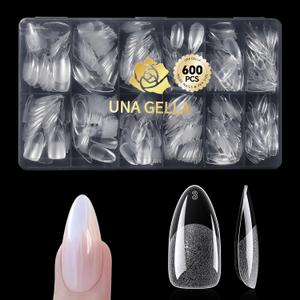UNA GELLA 600 Pcs Almond Gel Nail Tips, Pre Etched Medium Almond Nail Tips, 12 Sizes Full Cover Fake Clear Press On Nails for Flat & Curved Nails Bed Extension Home DIY Salon