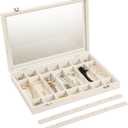 Frebeauty Velvet Jewelry Tray,35 Grid Jewelry Organizer with Clear Lid,Earring Holder Organizer Case with Clasp,Drawer Insert for Rings Studs,13.8 x 9.5 x 2 Inches,Gift for Women Girls(Beige)