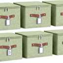 6 Pack Fabric Closet Storage Bins with Zipper Lids and Label, 10×8×7In Large Size Foldable Cotton Linen Storage Cubes Boxes with PU Leather Handles Holders for Bedroom, Shelf, Nursery, Green