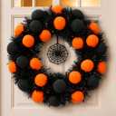 Grooy Halloween Wreath, Orange Pom Spider Web Decor for Front Door