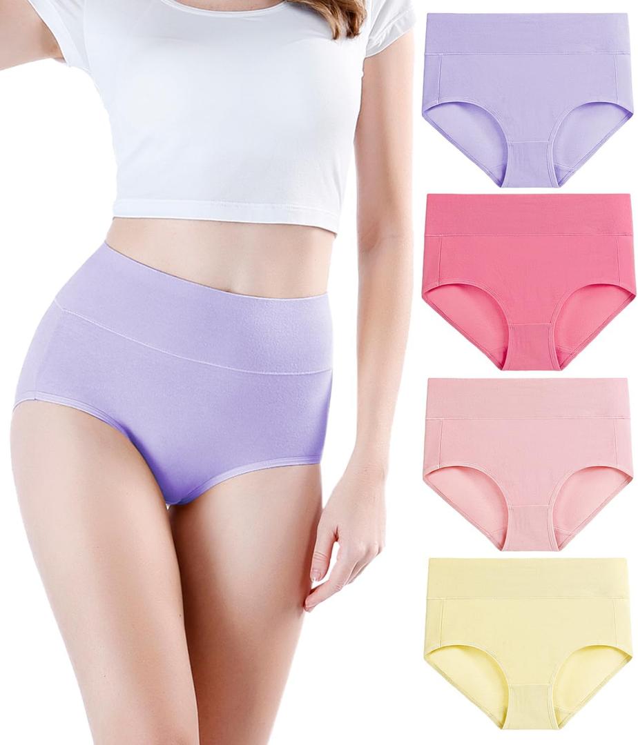 wirarpa Women's Cotton Underwear High Waisted Ladies Panties Full Coverage Briefs 4 Pack (Regular & Plus Size) (Large, Pastel Yellow/Shell Pink/ Quartz Pink/ Lilac - Set 18)