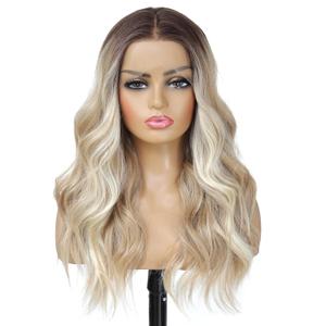 Ash Blonde Balayage Blonde Lace Front Wig, Middle Part 20 Inch HD Lace Wig, Dark Brown to Golden Blonde Highlight M Hairline Natural Fit Natural Wavy Ombre Synthetic Heat Resistant Fiber