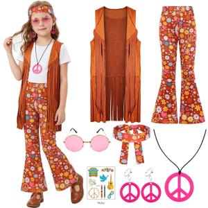 Cuteshower Girl Hippie Costume 70s 60s Hippie Outfits for Girls Halloween Cosplay Party, 6-8Y